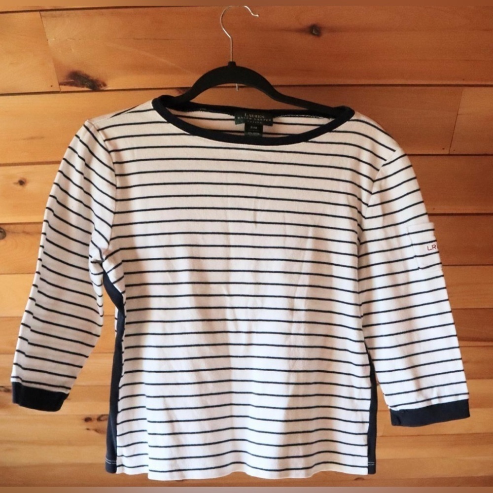 LAUREN RALPH LAUREN SWEATER TOP 3/4 SLEEVE BEIGE WITH STRIPES OLIVE GREEN L